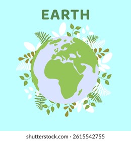 Green Planet Surrounded by Fresh Leaves in Honor of Earth Day. Vector illustration
