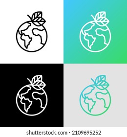 Green planet symbol, earth with leaves. Thin line icon. Save nature concept, circular economy. Organic product. Vector illustration.