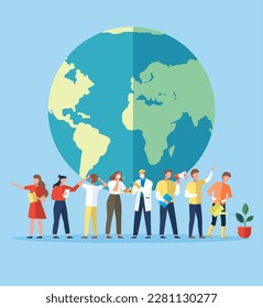 Green planet with tiny persons take care of Earth, save nature, clean ecology concept. Environmental protection, zero waste nature friendly lifestyle. World environment day. Global ecological interest