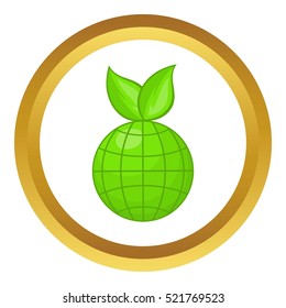 Green planet vector icon in golden circle, cartoon style isolated on white background
