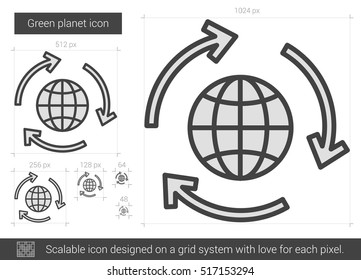 Green planet vector line icon isolated on white background. Green planet line icon for infographic, website or app. Scalable icon designed on a grid system.