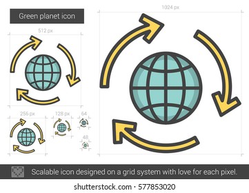 Green planet vector line icon isolated on white background. Green planet line icon for infographic, website or app. Scalable icon designed on a grid system.