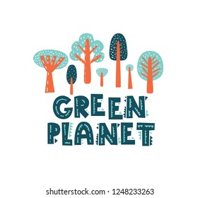 Green planet vector poster template. For poster, brochure, flyer, banner or postcard on environmental theme, nature conservation and trees