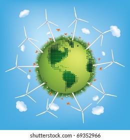 Green Planet with Windmill on the Sky Background.Vector.