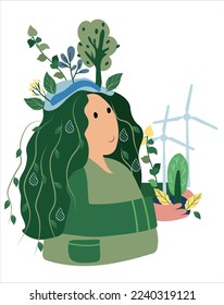 Green planet. A woman is thinking about how to save the planet. The concept of environmental ecology, lifestyle, green energy. Happy earth day. Suitable for posters, cards, logos, banners. Vector.