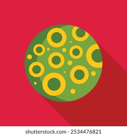 Green planet with yellow craters on a red background in flat design with a long shadow