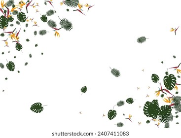 Grüner Pflanzenhintergrund, weißer Vektorgrafik. Illustration des Blattsurfs. Gelber Hibiskus. Wrapping Texture. Orange Hawaii Card.