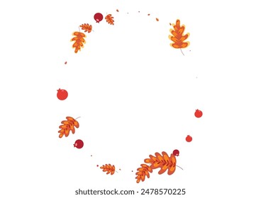 Green Plant Background White Vector. Leaf Paper Design. Brown Acorn. Label Frame. Orange Leaves Backdrop.