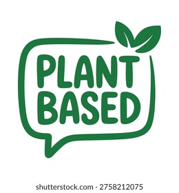 Green plant based label with leaf illustration in a speech bubble