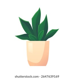 Green plant in beige pot flat icon. Cartoon potted flower in flowerpot container, bush foliage. Nature floral interior decoration vector illustration isolated. Tropical exotic succulent, aloe plant