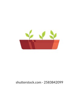 Green plant in brown pot flat icon. Cartoon potted flower in container rectangular shape. Three sprouts in flowerpot. Nature floral interior decoration vector illustration isolated