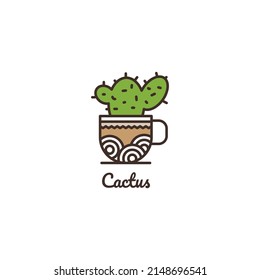Diseño del logo de cactus de planta verde con vector de taza marrón, adecuado para el logotipo de café.