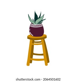 Planta verde en una olla de cerámica sobre una silla de madera. Ilustración vectorial aislada en fondo blanco. Interior en casa.