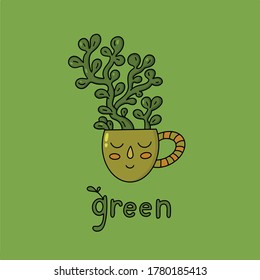 Planta verde en una taza. Ilustración del vector de color. 