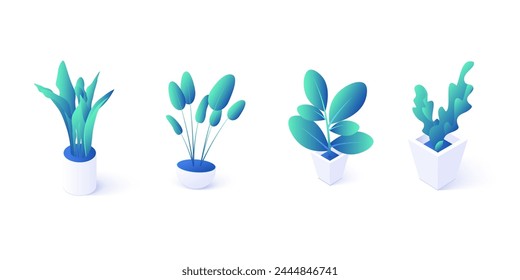 Green plant decoration objects in pot isolated on white background. Garden flowers or houseplants in flowerpot. Home decor set in isometric vector design