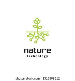 green plant with digital technology roots logo icon vector template