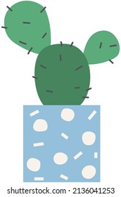Green plant, element of eco design. Cactus with thorns planted in ground. Caring for nature and ecology. Greening and plants growing process. Cactus in dotted blue pot, decoration for home interior