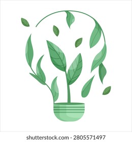 Green plant forming lightbulb shape in flat style on white background, symbolizing ecology energy concept. Vector illustration