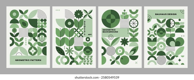 Green plant geometric posters. Abstract minimal mosaic leaf flower ornament, creative bauhaus scandinavian tile composition. Vector brochure flyer design set