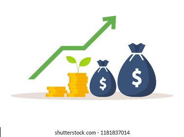 Green plant and gold money coins. Money growth. Vector illustration