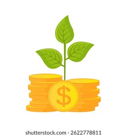 green plant and gold money coins over white background. growth funds economy concept. colorful design. vector illustration