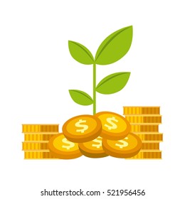 Green Plant And Gold Money Coins Over White Background. Growth Funds Economy Concept. Colorful Design. Vector Illustration