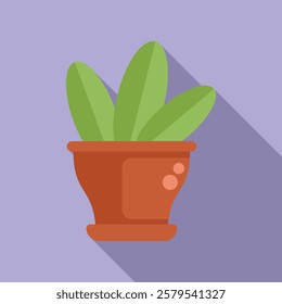 Green plant is growing in a clay pot, isolated on a purple background