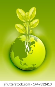 Green plant growing on the Earth planet, ECO friendly saving the world environment concept, Vector and illustration