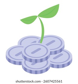 Green plant growing from stack of coins symbolizing investment growth