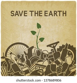 Green plant growing through garbage. Save the planet concept. Littering planet with human waste