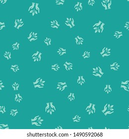 Green Plant in hand of environmental protection icon isolated seamless pattern on green background. Seed and seedling. Planting sapling. Ecology concept.  Vector Illustration