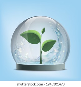 Green plant inside a glass dome. Save Earth. Environmental protection concept. Vector illustration.