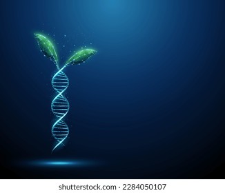 Green plant leafs growing from blue 3d DNA molecule helix. Genetically modified product. Gene editing, genetic biotechnology engineering concept. Low poly style. Abstract wireframe structure. Vector.