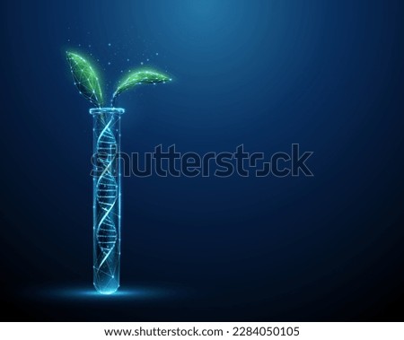Green plant leafs growing from blue 3d DNA molecule helix in test tube. Genetically modified product. Gene editing, genetic biotechnology engineering concept. Low poly style Abstract wireframe Vector. 商業照片 © 