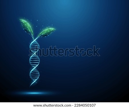 Green plant leafs growing from blue 3d DNA molecule helix. Genetically modified product. Gene editing, genetic biotechnology engineering concept. Low poly style. Abstract wireframe structure. Vector. Imagine de stoc © 