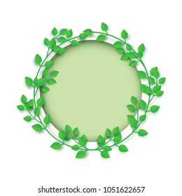 Green plant with leaves and branches floral frame concept of paper cut style design.Vector illustration.