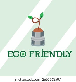 Planta verde com folhas brotando da base de lâmpada cinza com texto Eco Friendly mostrando conceito de inovação. Ilustração vetorial
