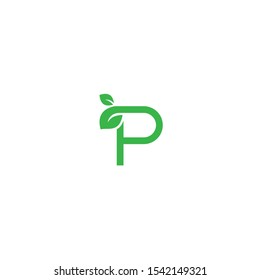 Green plant logo template vector design with letter P, letter P uppercase with leaf green color
