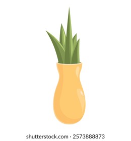 Green plant with long leaves growing in a yellow vase, simple cartoon style houseplant in a pot