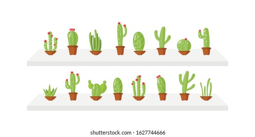 Green plant, nature, floral and exotic, wild botany tropical.Cactus in pots, home plants with flowers.Set of flower pots for design.The apartment is in a cartoon style.Vector illustration, EPS 10.