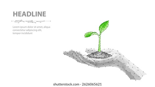Green plant on hand. Sprout Growth, Agriculture Technology, Grow Plant, Tree Leaf, Bio Seed, Polygon Green, Sapling, Digital Science, Agronomy Concept. 3D abstract vector illustration