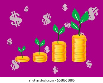 green plant on stack gold coin ,illustration vector.