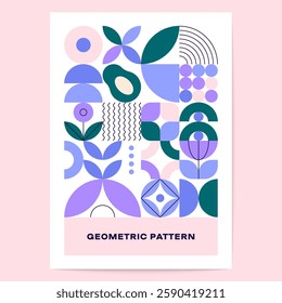 Green plant poster. Abstract geometric leaf background minimal mosaic flower ornament, bauhaus scandinavian tile composition for brochure flyer design. Vector illustration.