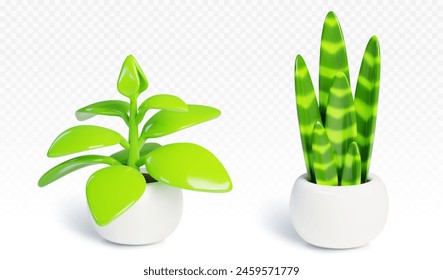 Planta verde en maceta para la decoración del hogar y de la oficina. Conjunto de Vector de dibujos animados 3d realista de arbusto de follaje y crecimiento de árboles en jarrón de cerámica blanca. Planta de hogar floral decorativa. Habitación vegetación interior.