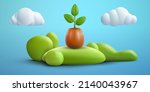 Green plant in pot isolated on blue background with grass hill or island, cloud and sun. Realistic modern minimal design element. 3d vector illustration.