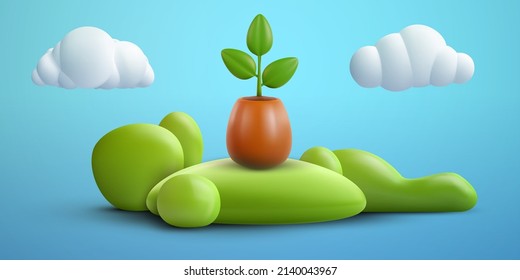 Green plant in pot isolated on blue background with grass hill or island, cloud and sun. Realistic modern minimal design element. 3d vector illustration.