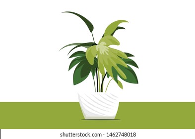 Green Plant in a pot, Ornamental plant in a pot for interior decoration, House plant, potted plant for office. Isolated Vector illustration