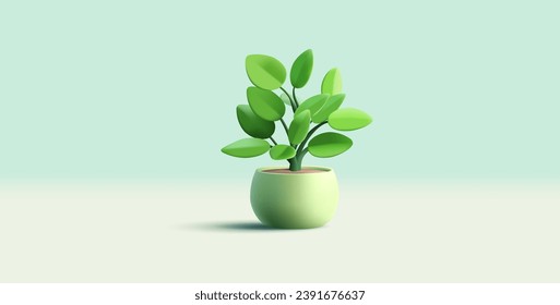 Green plant in a pot. Realistic 3D image for concepts of eco, house plants, botany, favorite plants, symbols of life. Vector