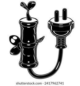 Green plant and power plug silhouette. Vector illustration with sustainability theme and silhouette style.