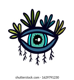 Green plant psychedelic mystical eye hand drawn vector illustration logo turquoise blue